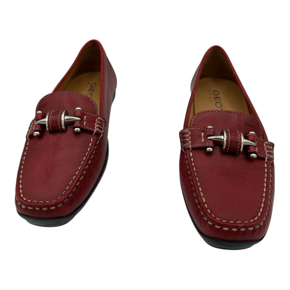 GEOX Respira Women Red Leather Slip On Loafers Moccasins Shoes Size 6
